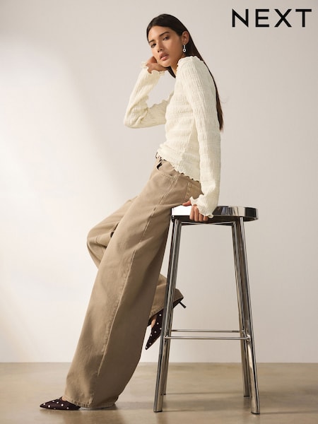 Ecru Shirred Texture Long Sleeve Top (Y98733) | $61