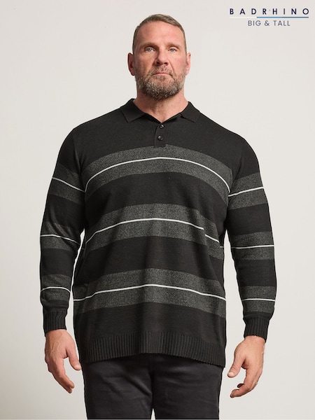 BadRhino Big & Tall Black Long Sleeve Striped Knitted Polo Shirt (Y98753) | €58