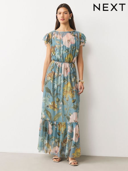 Blue Floral Occasion Tie Waist Mesh Maxi Dress (Y98985) | R$ 600