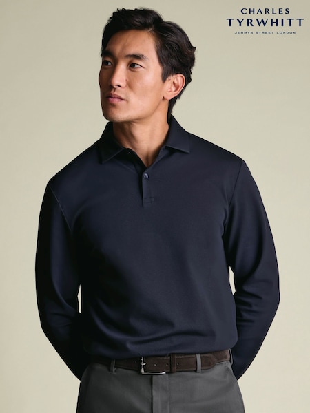 Blau - Regular Charles Tyrwhitt Long Sleeve Cotton Stretch Smart Pique Polo Shirt