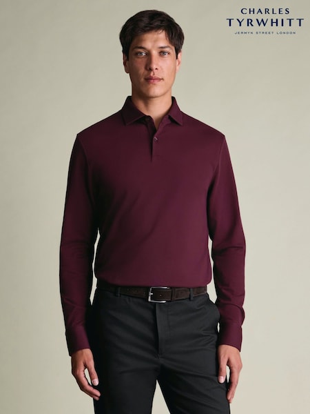 Red - Regular Charles Tyrwhitt Long Sleeve Cotton Stretch Smart Pique Polo Shirt