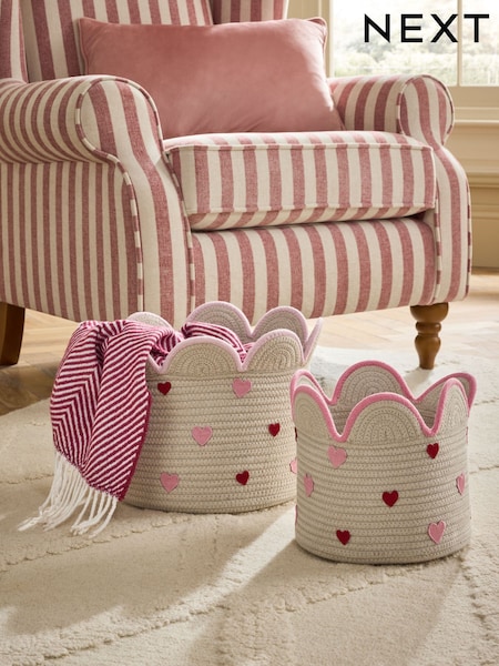 Set Of 2 Embroidered Hearts Storage Baskets