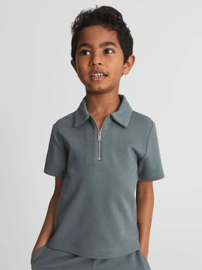 Reiss Billy Junior Half Zip Textured Polo T-Shirt