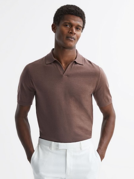 Merino Wool Open Collar Polo Shirt in Brown Sugar (128196) | £88