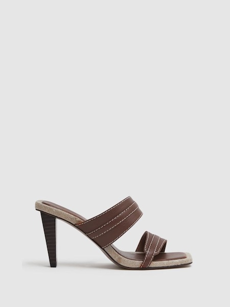 Leather Strap Heeled Mules in Tan (140540) | £158
