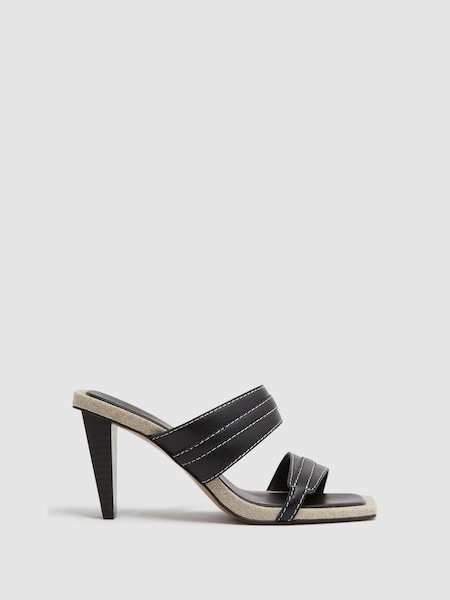Leather Strap Heeled Mules in Black (140547) | £158
