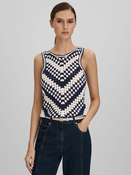 Crochet Crew Neck Vest in Navy/Ivory (140954) | £138