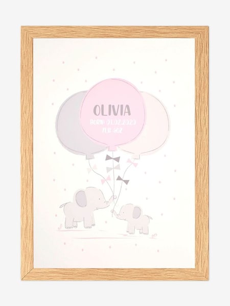 Personalised & Framed Pink Baby Ele Print in Oak (145105) | £55