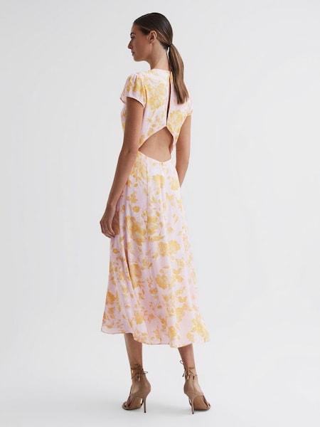 Petite Floral Cut-Out Back Midi Dress in Pink/Yellow (159077) | £68