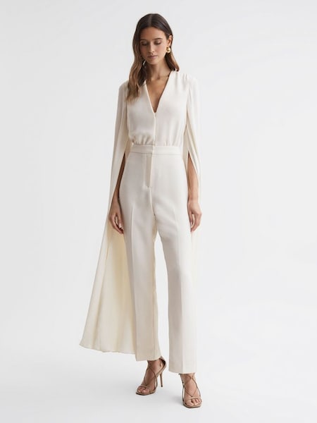Cape Sleeve V-Neck Jumpsuit in Ivory (166711) | £128