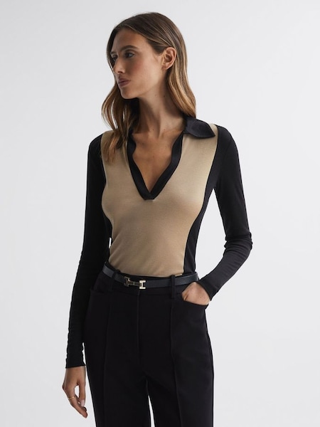 Knitted Open Collar Top in Black/Nude (167618) | £78