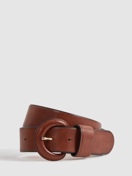 Leather Round Buckle Belt in Tan (173222) | £88
