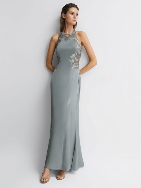Fitted Lace Halter Neck Maxi Dress in Silver (173893) | £245