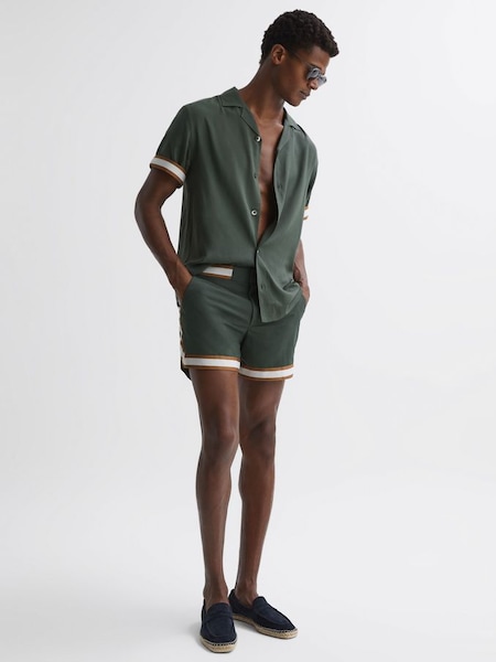 Reiss | Ché Elasticated Waist Contrast Swim Shorts in Deep Forest/Tobacco (174195) | £70