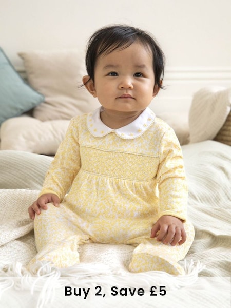 Yellow Floral Smocked Cotton Baby Sleepsuit (176748) | £23