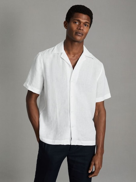 Relaxed Linen Cuban Collar Shirt in White (182486) | £88