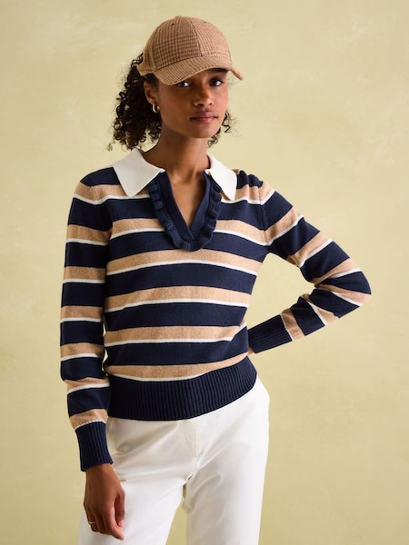 Maddie Navy/Oatmeal V Neck Stripe Jumper with Collar (184960) | £64.95