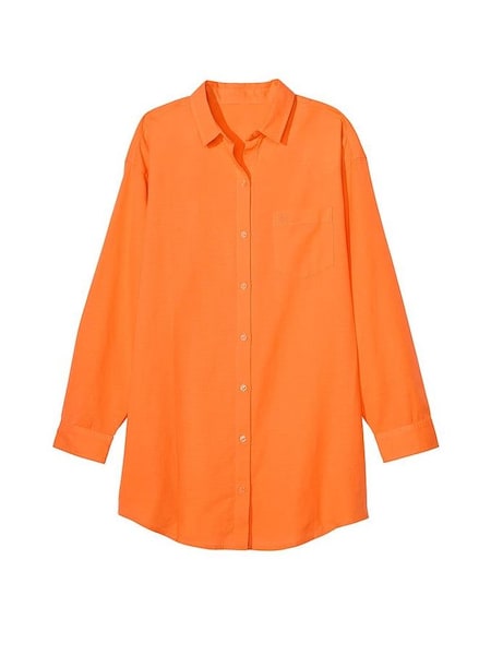 Sunset Orange Linen Oversized Linen Shirt Cover Up (187411) | £49