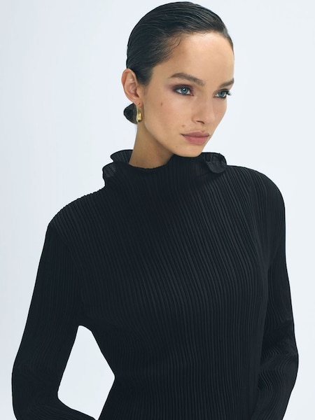Atelier Fitted Ribbed Ruffle Neck Top in Black (188669) | £98