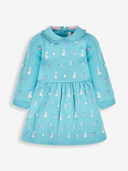Duck Egg Blue Bunny Girls' Embroidered Sweat Dress With Collar (196077) | £23.50
