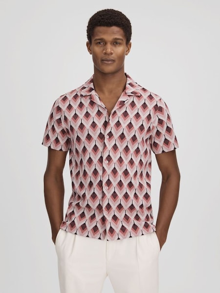 Cotton Blend Jacquard Cuban Collar Shirt in Pink Multi (214790) | £88