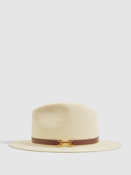 Faux Leather Trim Woven Hat in Natural (215262) | £88