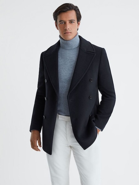 Wool Blend Double Breasted Peacoat in Light Navy (216926) | £298