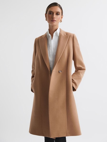 Wool Blend Double Breasted Coat in Camel (230397) | £178