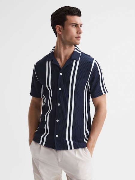 Ribbed Striped Cuban Collar Shirt in Navy/White (230742) | £60