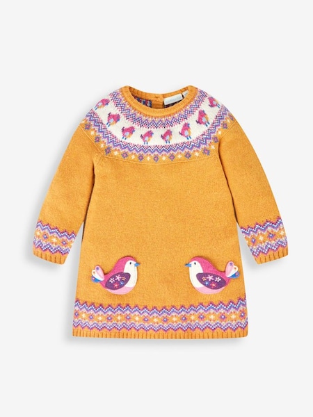 Mustard Yellow Bird Girls' Fair Isle Knitted Dress (233872) | £16