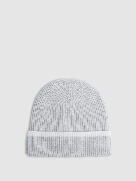 Wool Ribbed Beanie Hat in Grey/Ecru (239290) | £38