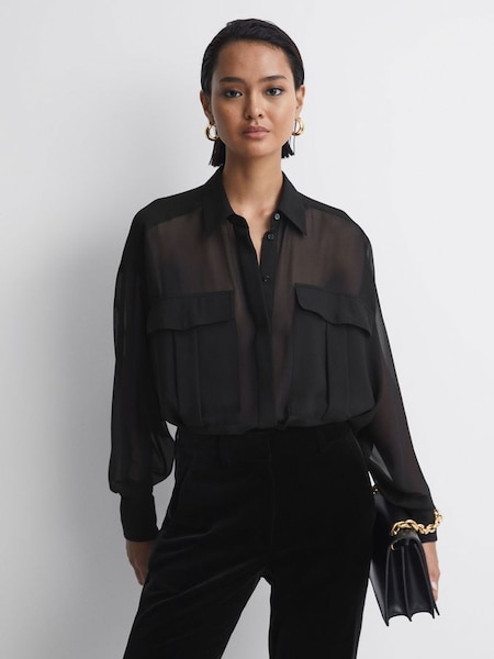 Oversized Sheer Button-Through Shirt in Black (241202) | £58