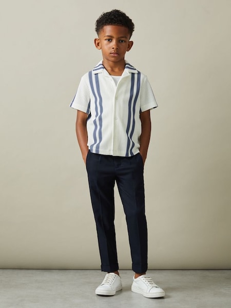 Junior Ribbed Cuban Collar Shirt in White/Airforce Blue (298812) | £25