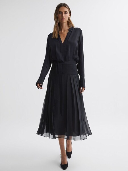 Pleated Long Sleeve Midi Dress in Navy (302892) | £268