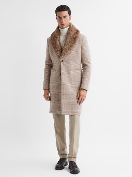 Wool Check Faux Fur Lapel Coat in Oatmeal (304857) | £170