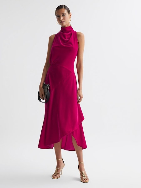 Velvet Funnel Neck Asymmetric Midi Dress in Pink (305755) | £108