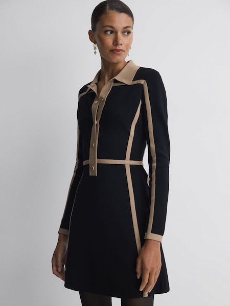 Contrast Trim Press-Stud Mini Dress in Black/Camel (307468) | £138