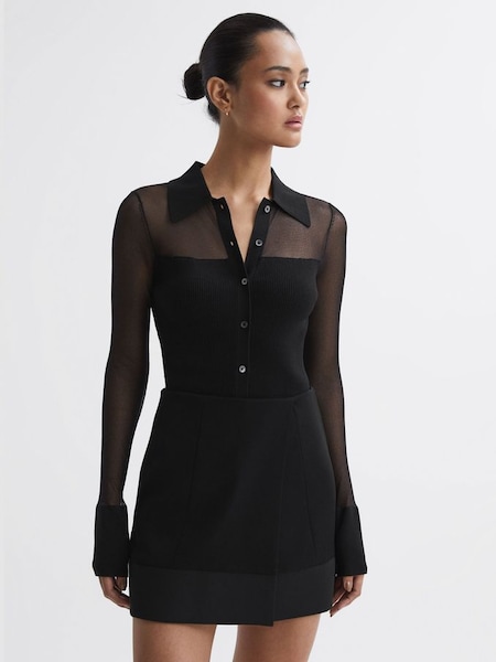 Sheer Knitted Button-Through Top in Black (308831) | £78