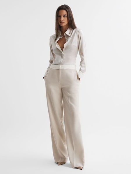 Mid Rise Contrast Wide Leg Suit Trousers in Neutral (316663) | £68
