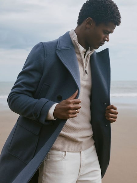 Wool Double Breasted Mid-Length Coat in Airforce Blue (321840) | £188