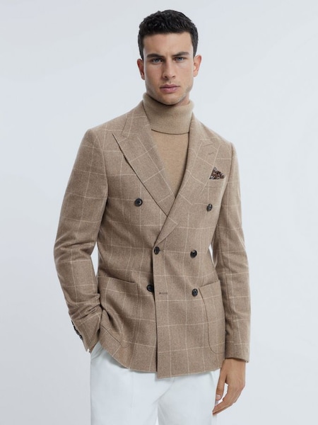 Atelier Italian Wool-Cashmere Slim Fit Double Breasted Check Blazer in Oatmeal (334446) | £498