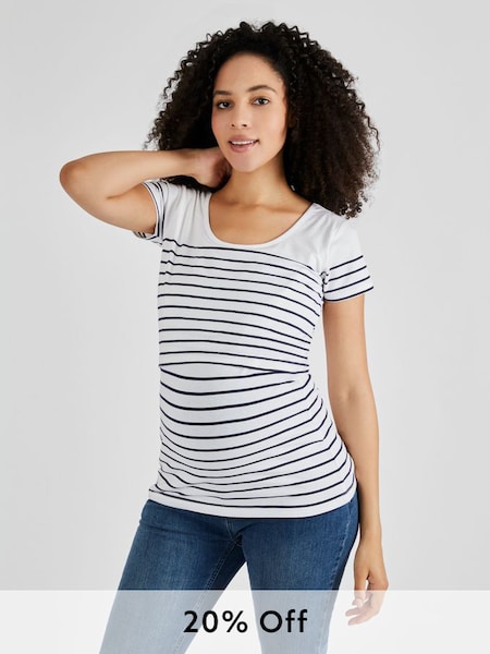 Breton Stripe Nursing T-Shirt in White Navy Stripe (334691) | £26
