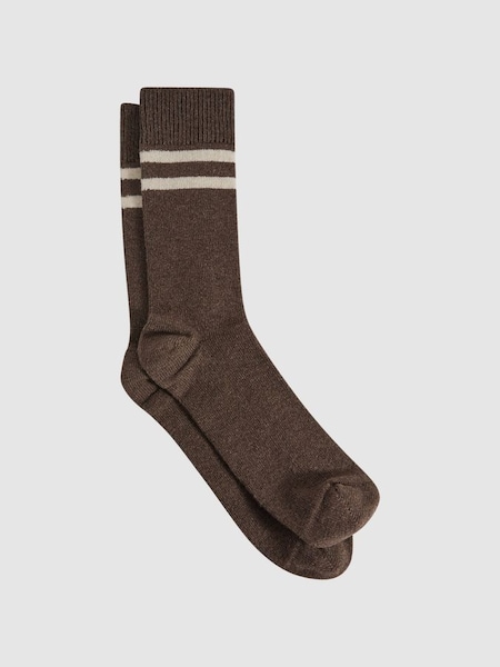 Wool Blend Striped Crew Socks in Brown Melange (336483) | £15