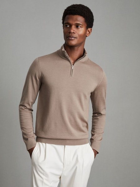 Merino Wool Half Zip Funnel Neck Jumper in Camel (347080) | £68