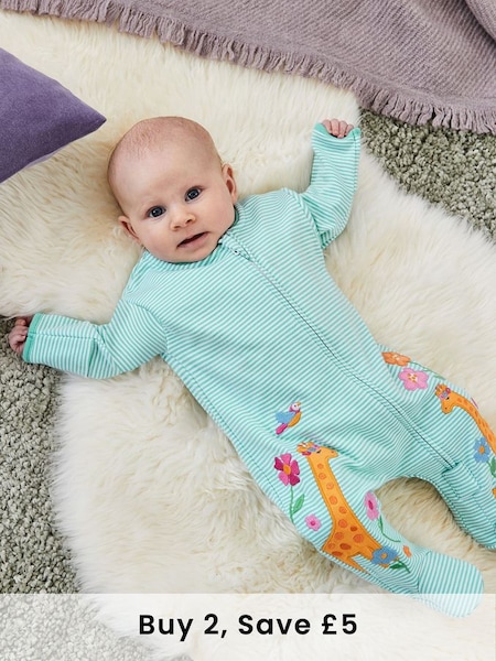 Blue Giraffe Appliqué Zip Cotton Baby Sleepsuit (347201) | £21