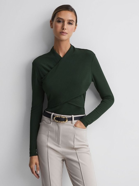 Fitted Long Sleeve Wrap Top in Green (353645) | £48