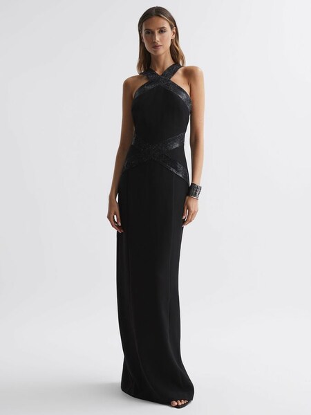 Halston Halter Neck Embellished Maxi Black Dress in Black (357190) | £584