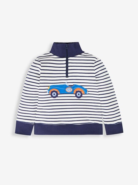 Ecru Navy Stripe Car Boys' Car Appliqué Half Zip Sweatshirt (357914) | £24