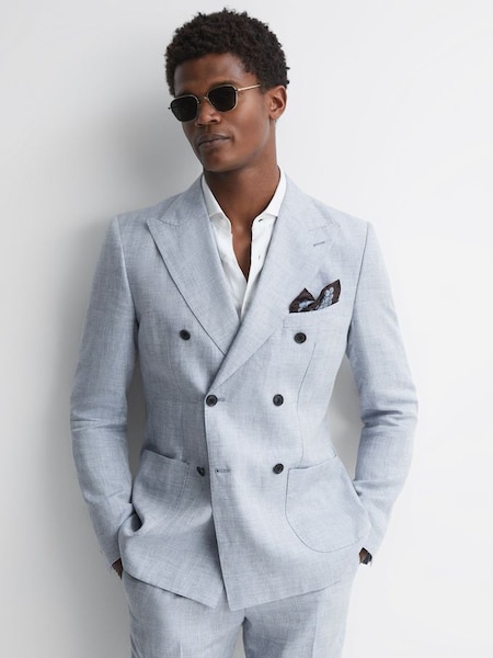 Double Breasted Linen Herringbone Blazer in Soft Blue (359285) | £170