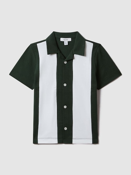 Junior Cotton Cuban Collar Bowling Shirt in Green/Ecru (374764) | £28